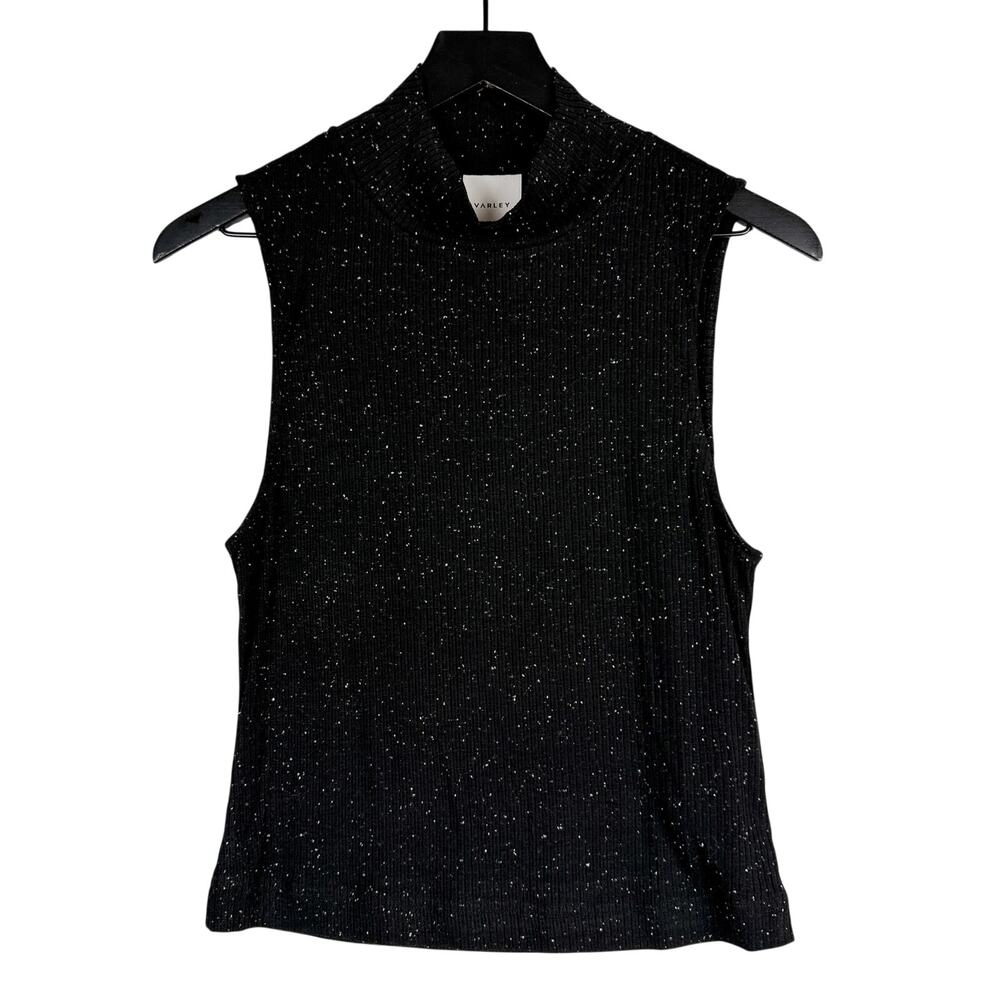 Varley Camille Fitted Tank Ribbed Mock Neck in Black Egret - S